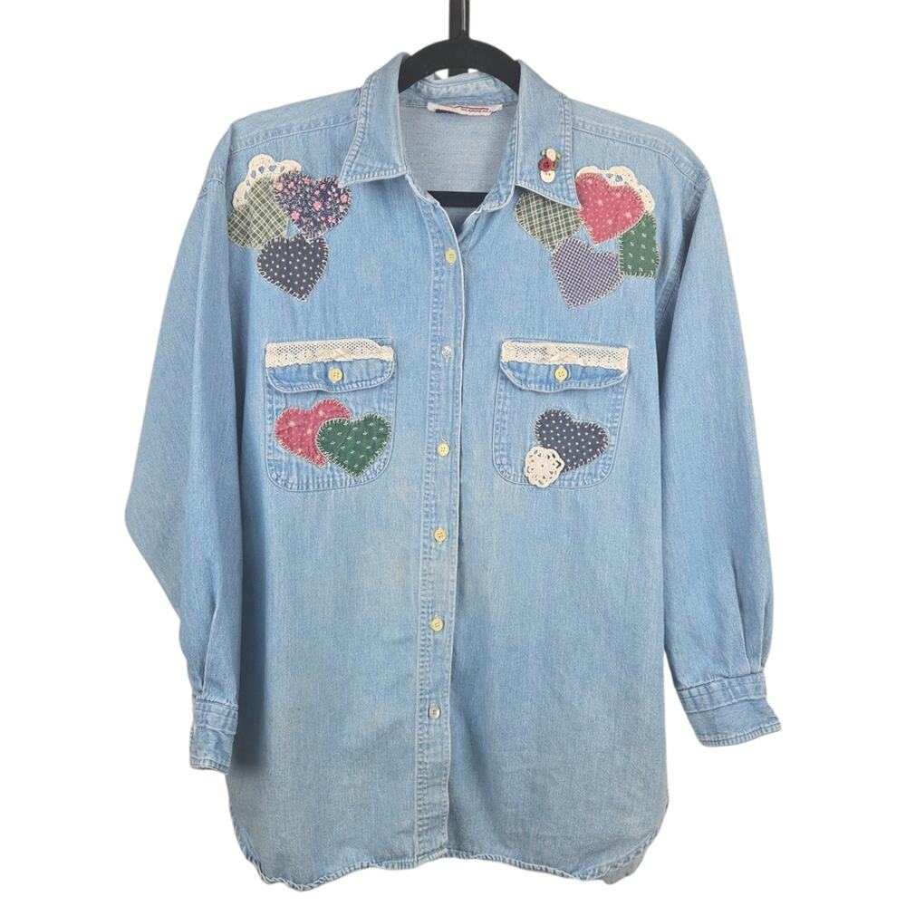 Amrav American Rave Embroidered Patchwork Denim Shirt Vintage Blue Large